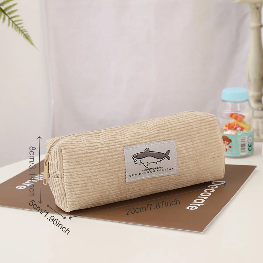 Cute Shark Pencil Case Unisex Korean Style Dirty Corduroy Resistant Storage Bag for Girls School Student Supplies Stationery
