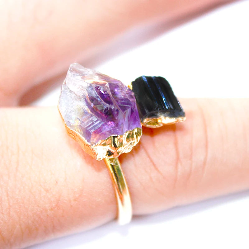 Irregular Rough Stone Open Ring for Women Gold-color Raw Amethyst Finger Jewelry with Black Tourmaline Resizable