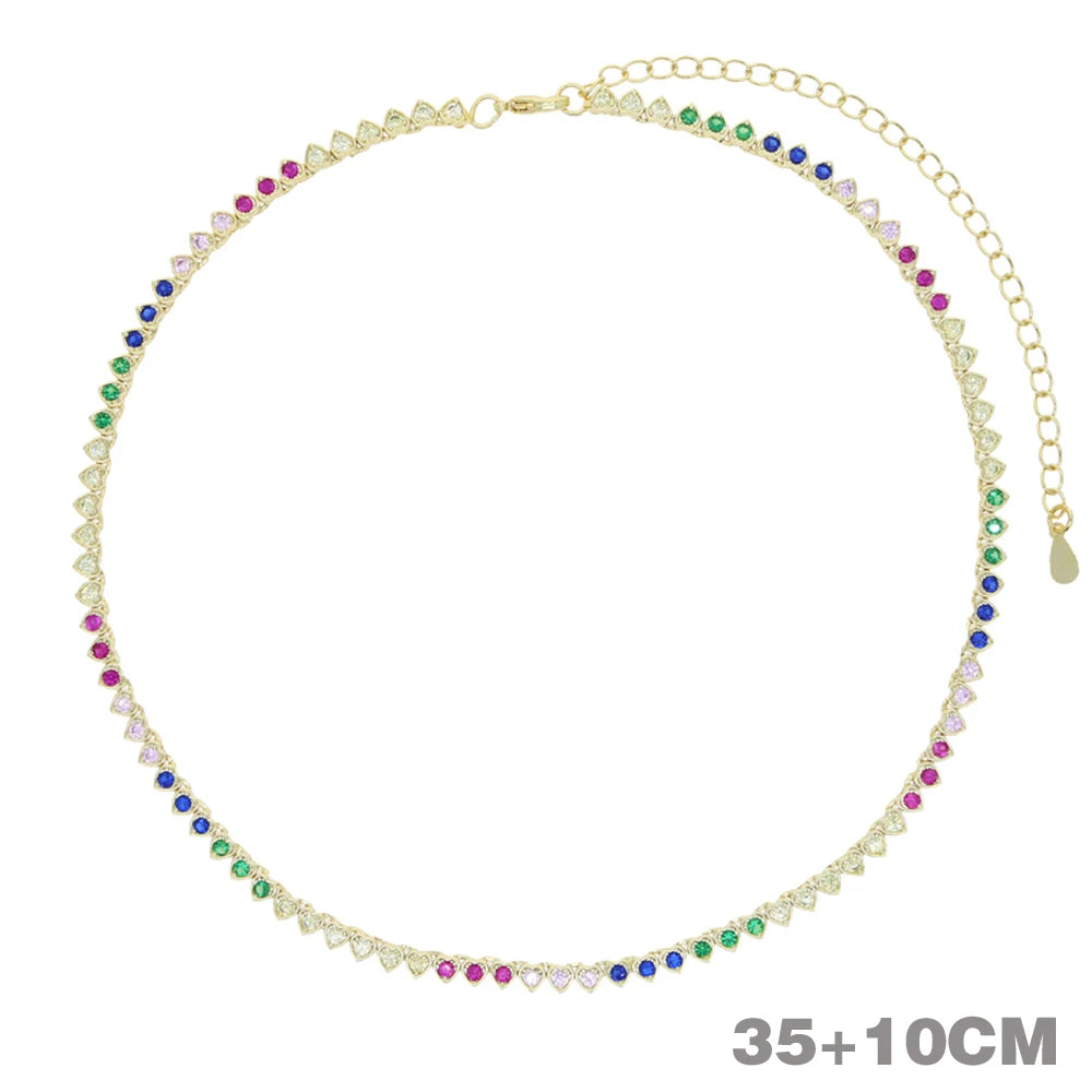 2024 New Rainbow CZ Heart Charm Necklace Gold Color Zircon Tennis Chain Asymmetric Hearts Choker Women Hip Hop Fashion Jewelry