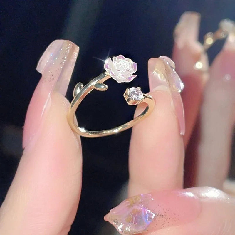 Vintage Rose Flower Rings For Women Korean Style Adjustable Sakura Princess Finger Ring Bride Wedding Engagement Party Jewelry