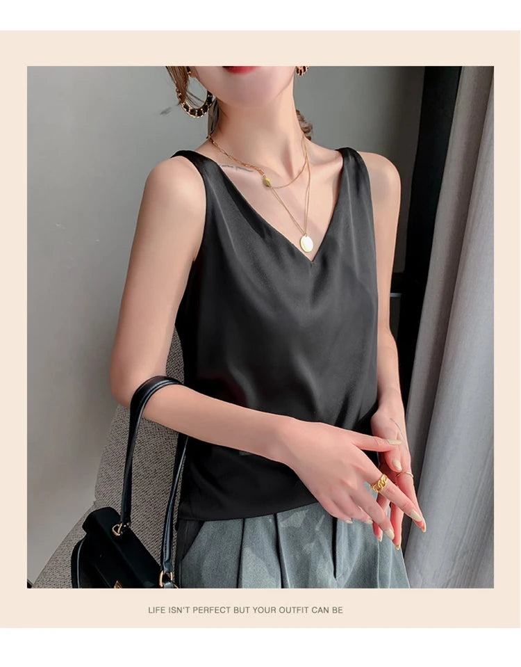 Women's New Four Seasons Inner Wear Silk Suspenders 2022 V-Neck Solid All-Match Satin Vest Soft Loose Thin Lady Sleeveless Tops