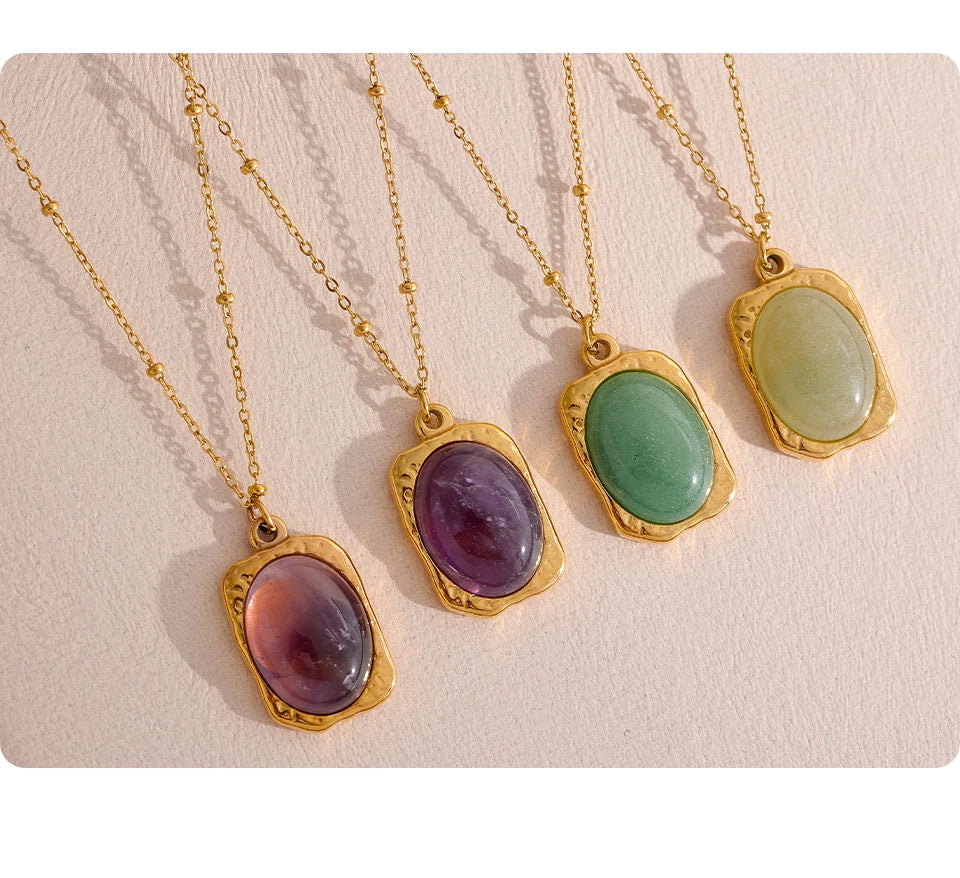 Yhpup Natural Stone Square Pendant Stainless Steel Necklace Amethyst Green Aventurine Charm Fashion Collar Jewelry Women