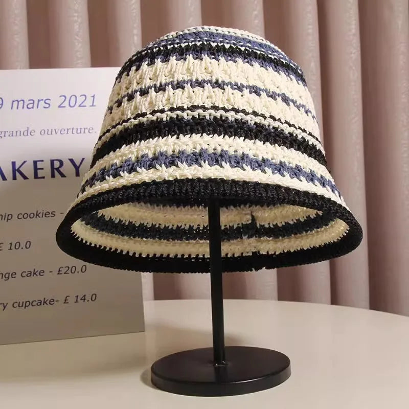 Summer Hollow Knitted Hollow Fisherman Caps Sun Protection Straw Bucket Hat Breathable Crochet Beach Cap Wide Brim Sun Hat
