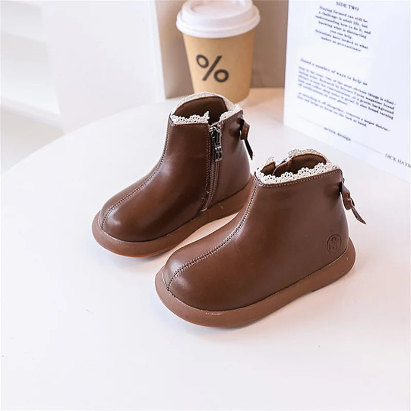 2024 New Autumn Children Boots Leather Girls Ankle Boots Lace Butterfly-knot Rubber Sole Fashion Toddler Kids Boots EU 21-30