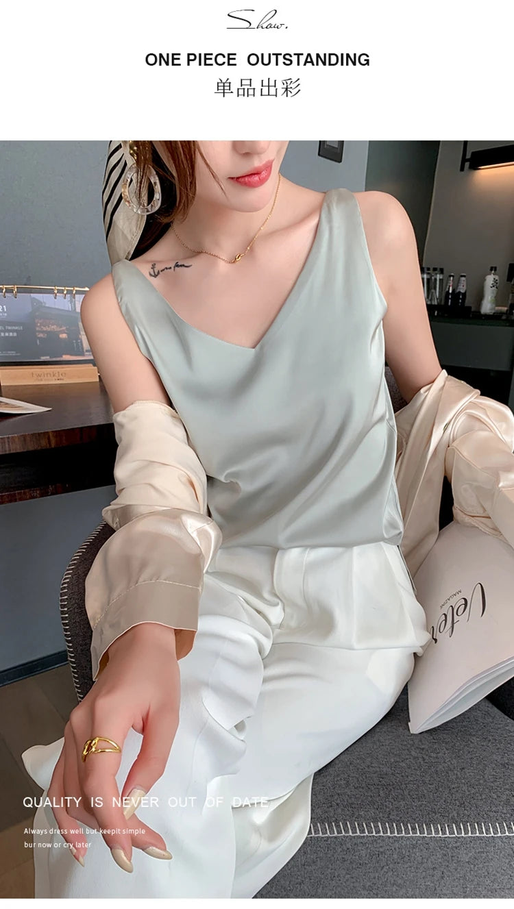 Women's New Four Seasons Inner Wear Silk Suspenders 2022 V-Neck Solid All-Match Satin Vest Soft Loose Thin Lady Sleeveless Tops