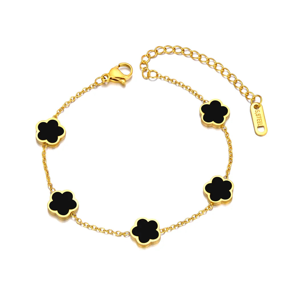 JeeMango Fashion Stainless Steel White Black Green Shell Flower Charm Bracelets For Women Real Gold Plated Chain Jewelry JB23071