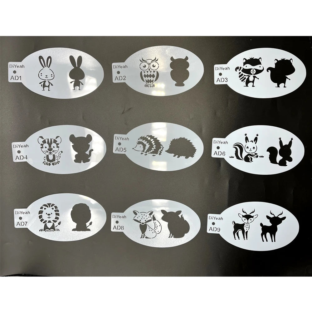 9PCS Stencils for Body Painting Face Art Halloween Birthday Party DIY Makeup Stamps Temporary Tattoos Reusable Stencils Plastics