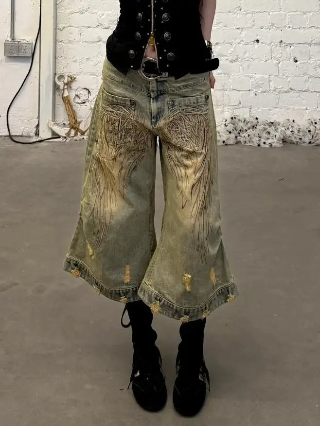 Summer Women Goblin Core Tomboy Y2K Embroidery Jorts 2000s Denim Shorts Japanese Harajuku Jean Pants Grunge Cyber Punk Hip-pop