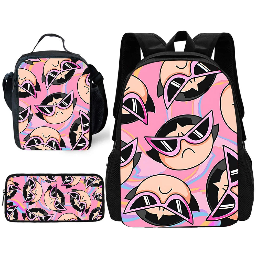 Cute P-PowerpuffS Girls 3 pcs set Child School Backpack with Lunch Bags ,Pencil Bags ,School Bags for Boys Girls Best Gift