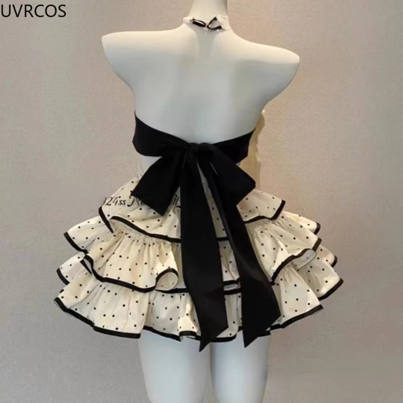 Japanese Gothic Y2k Lolita Dress Wome Preppy Style Polka Dot Print Sailor Collar Backless Dresses Girls Elegant Party Mini Dress