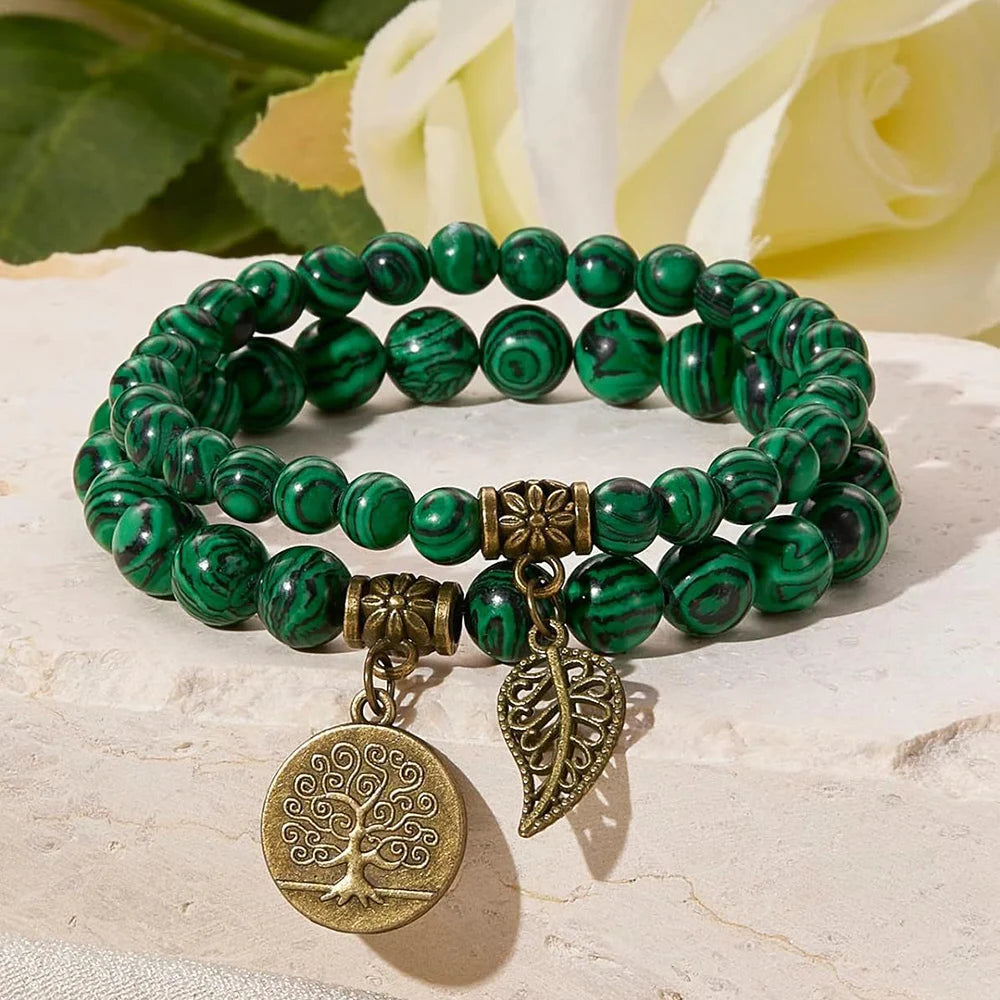 Natural Semi Precious Gemstone Beads Bracelet for Women Life Tree and Leaf Charm Energy Reiki Crystal Stretch Bracelets Jewelry