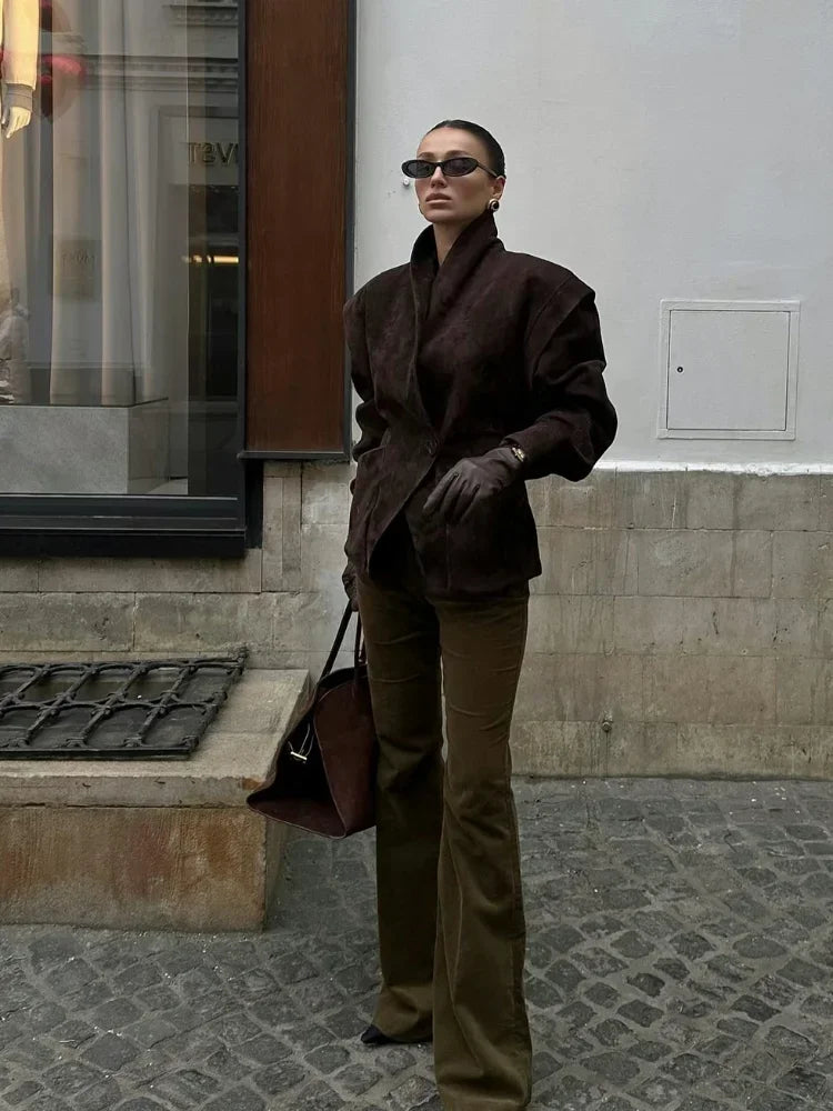 Dark Brown Suede One Button Blazer Women Long Sleeve Wide Shoulders Coat Autumn Highstreet Commute Fashion Solid Lady Outerwears