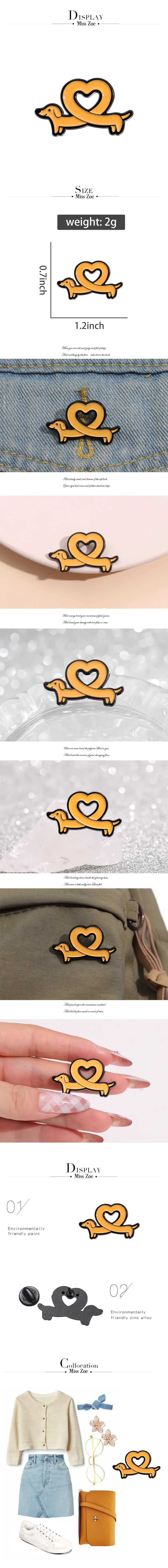 Cute Cartoon Dachshund Enamel Brooch Creative Love Heart Animal Sausage Dog Lapel Pin Badge Backpack Clothing Hat Accessories