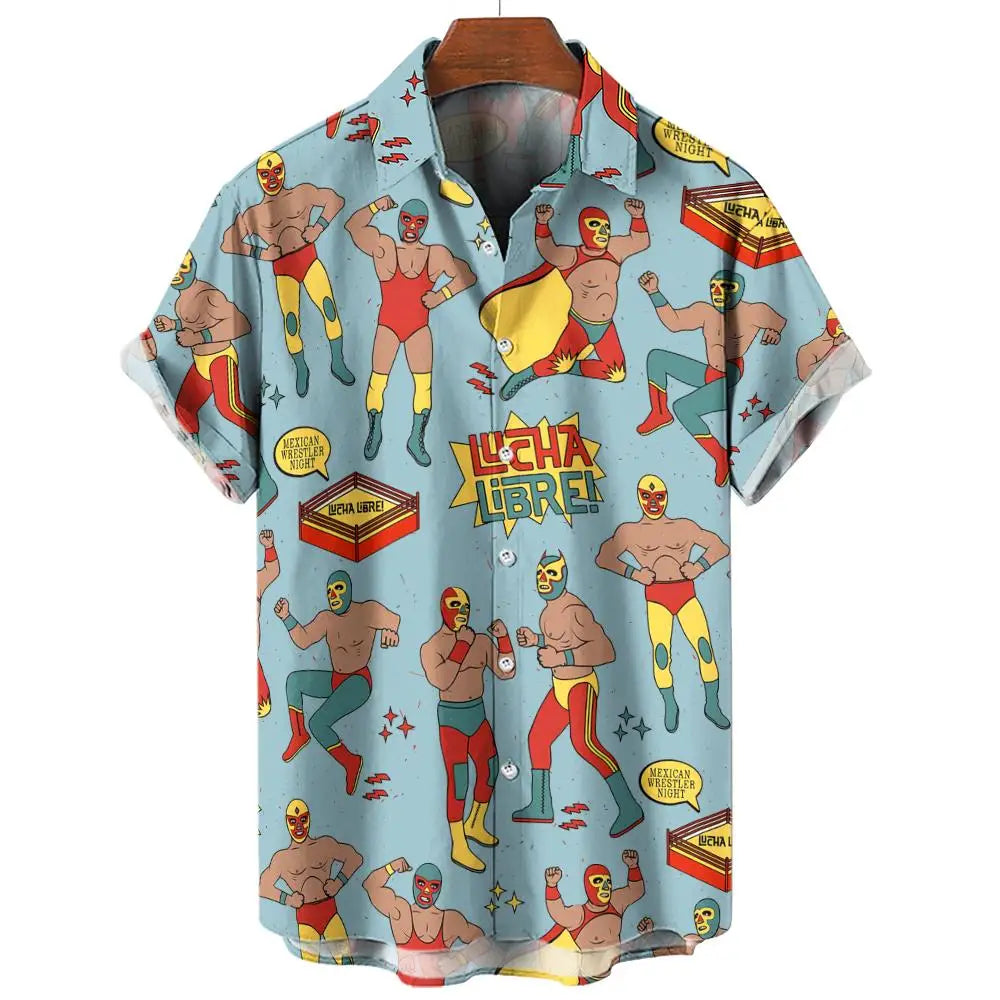 New Retro Men's Shirt 3d Mexican Wrestling Print Short Sleeve Shirt Fashion Man Clothing Loose Oversized Hawaiian Shirts For Men