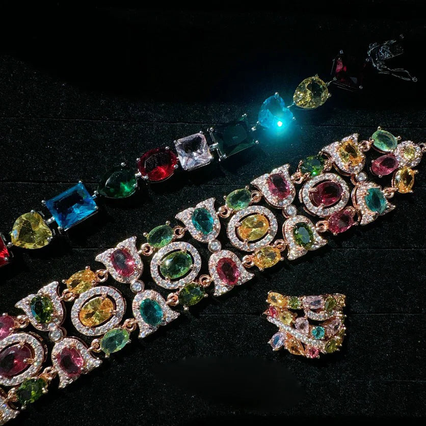Women Austrian Rainbow Gem Bracelet Fantasy Bubble Plated 18K Gold Margaret Colored Gem Zircon Ring