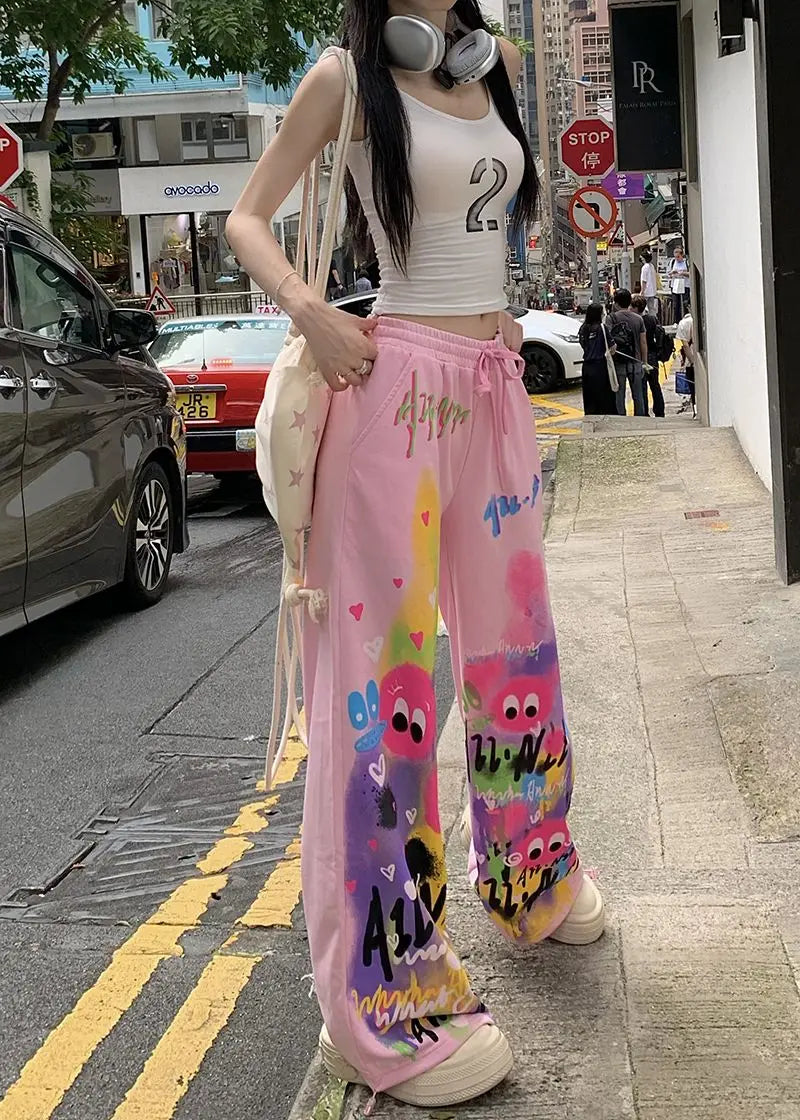Kawaii Cute Dopamine Graffiti Casual Pants Women Tie Dye Summer Elastic High Waiste Drawstring Pockets Loose Wide Leg Trousers