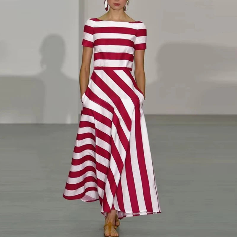 Summer Short Sleeve Long Dress Women Fashion Striped Printed A-Line Party Dresses For Women Casual Sundress
