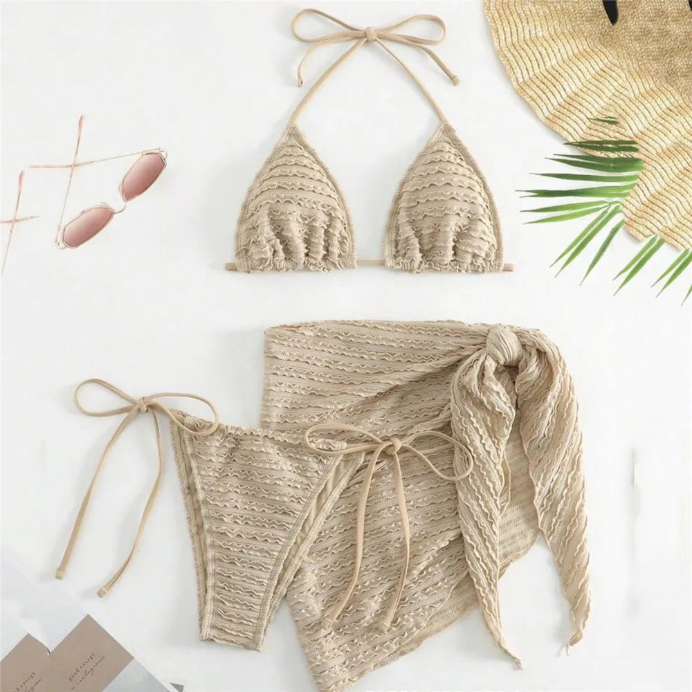Khaki Fold Swimwear for Women 3 Piece Bikini Set Cover Up Micro Thong Sexy Swimsuit Beach Wear String Halter Triangle Bikinis