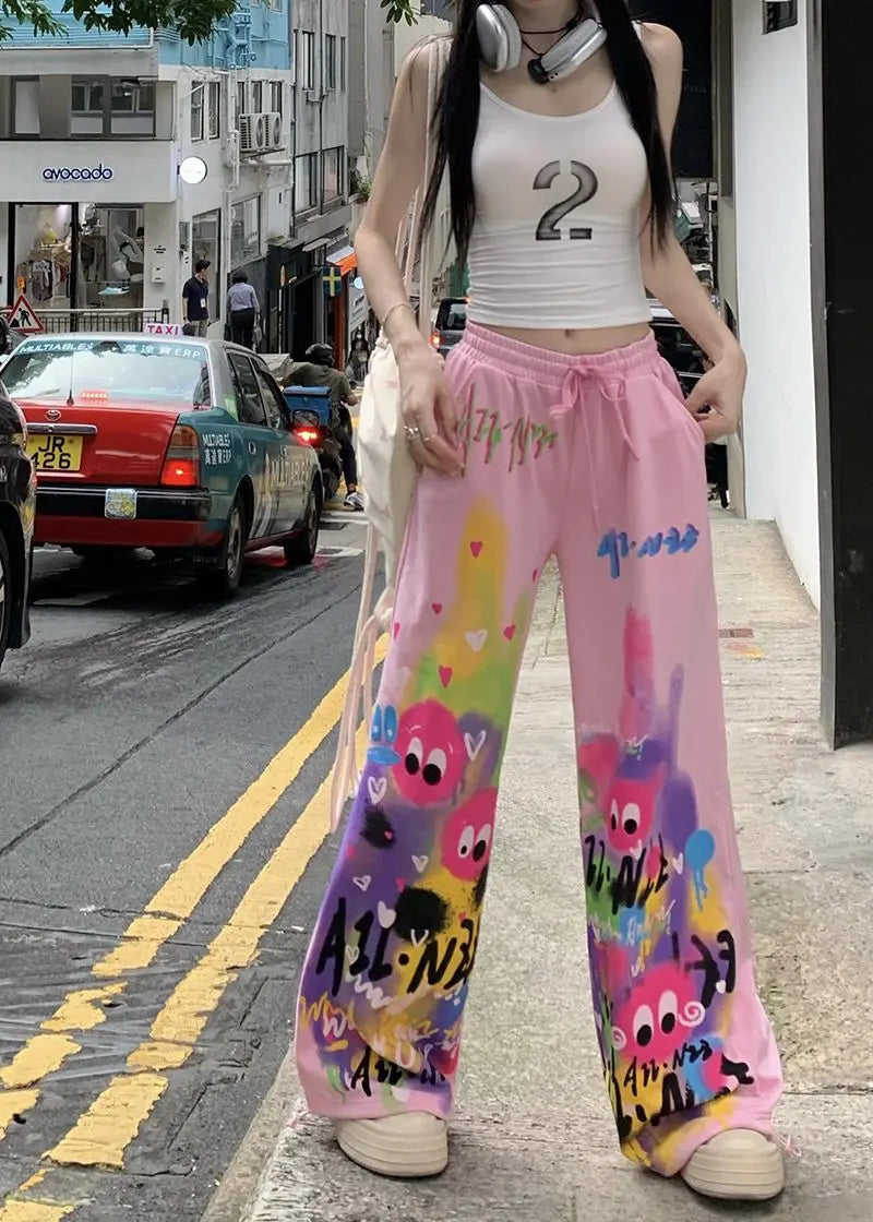 Kawaii Cute Dopamine Graffiti Casual Pants Women Tie Dye Summer Elastic High Waiste Drawstring Pockets Loose Wide Leg Trousers