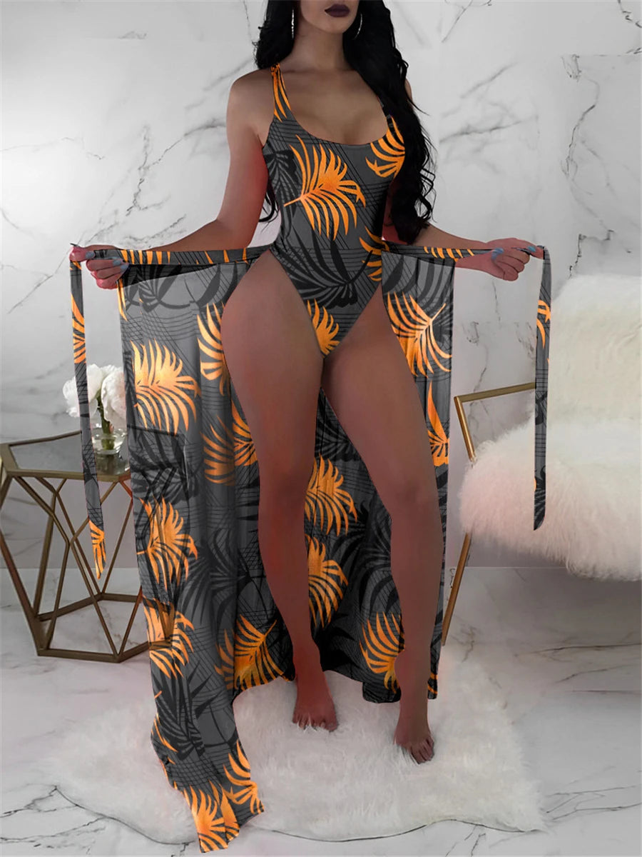 2 Piece Floral Print Bodysuit With Beach Skirt 2023 Women Padded Bikinis Swimwear Female Bathing Swimming Suit Summer Beachwear