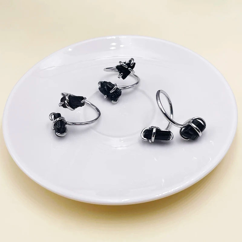 Irregular Black Tourmaline Open Ring Silver Color Handmade Raw Stone Finger Jewelry Resizable