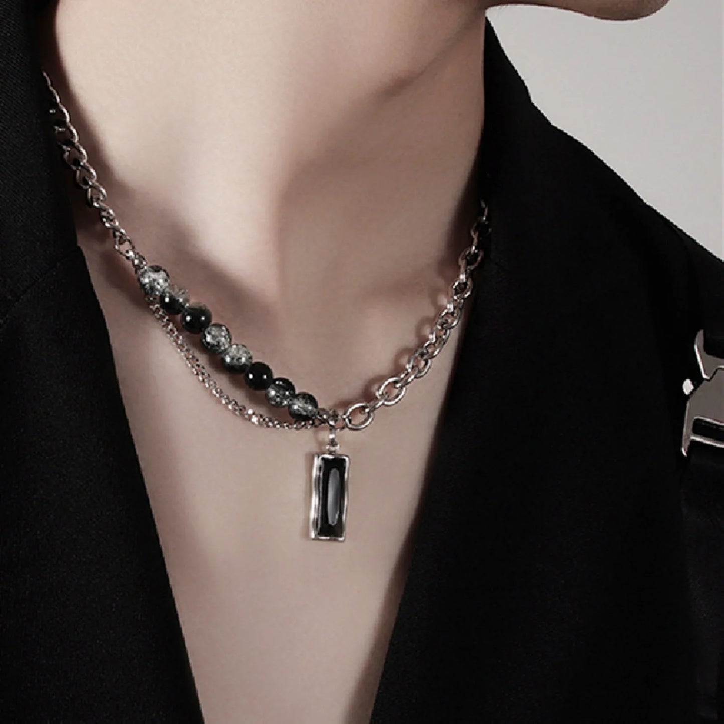 Vnox Stylish Black Stone Choker Necklaces for Men Women, Double Layers Chain Collar,Valentine's Father's Day Birthday Party Gift