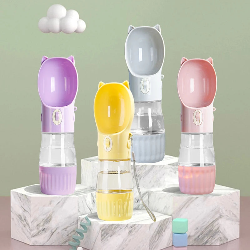 2 in 1 Portable Dog Water Bottle PC Plastic Cat Head Puppy Pet Drink Bowl 250ML Feeding Water Bowl 180ML Storage Food Container