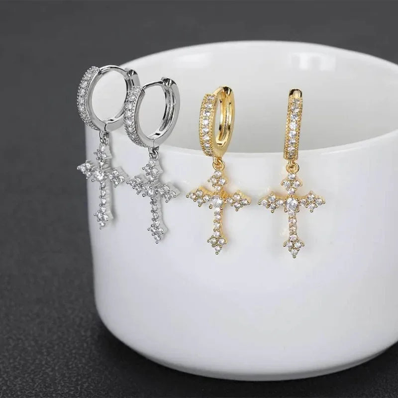 New Trendy Punk Zircon Crystal Cross Earring for Women Men Goth Hip Hop Piercing Black Hoop Earrings Fashion Party Jewelry Gifts