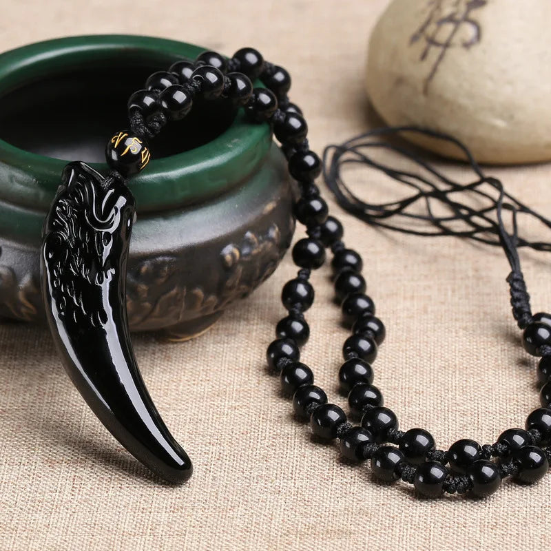 Retro Ice Obsidian Wolf Tooth Pendant for Men Couple Necklace Natural Energy Stone Crystal Amulet Sweater Chain Necklace Jewelry