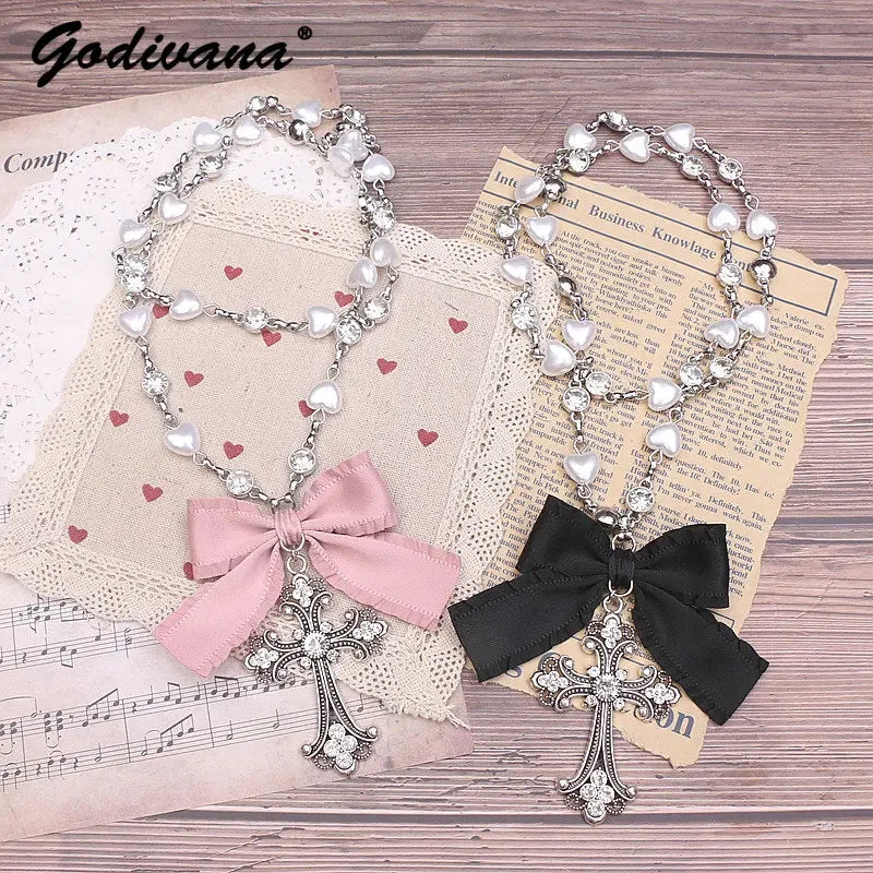 Lolita Style Accessories Beads Fashion Jewelry Handmade Necklace Rhinestone Cross Love Chain Long Necklace for Women