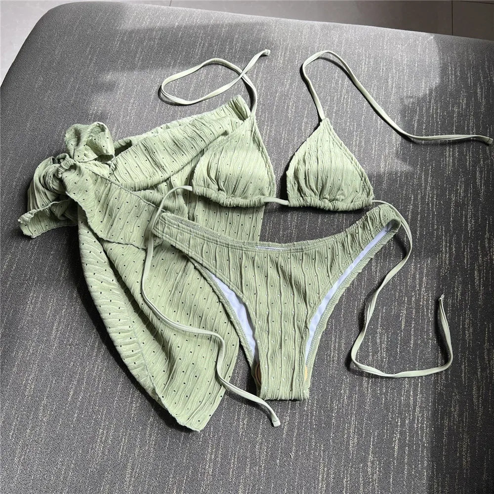 White Swimwear with Cover Up Halter Micro Thong 3 Piece Bikini Set Women Textured Swimsuit String Bathing Suit Bikinis Beachwear