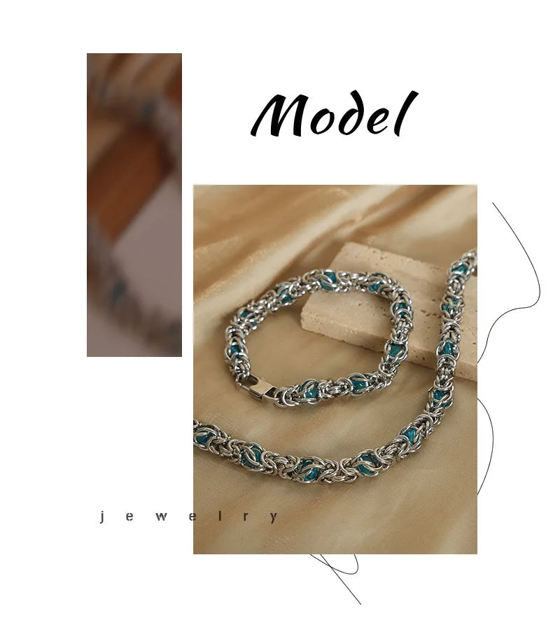 Men's Biker Punk Hip Hop Rock Jewelry Accessories Stainless Steel Byzantine Chain Braided Chain Necklace Bracelet Set