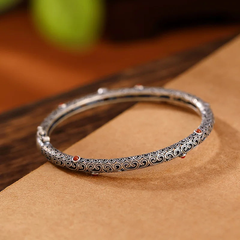 925 silver vintage ethnic style classic southern red tourmaline bracelet for women fine openwork bangles party jewelry