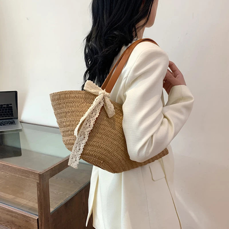 Women Braided Basket Clutches Bag Large Straw Portable Shoulder Bag Summer Beach Purses Shopper Satchel