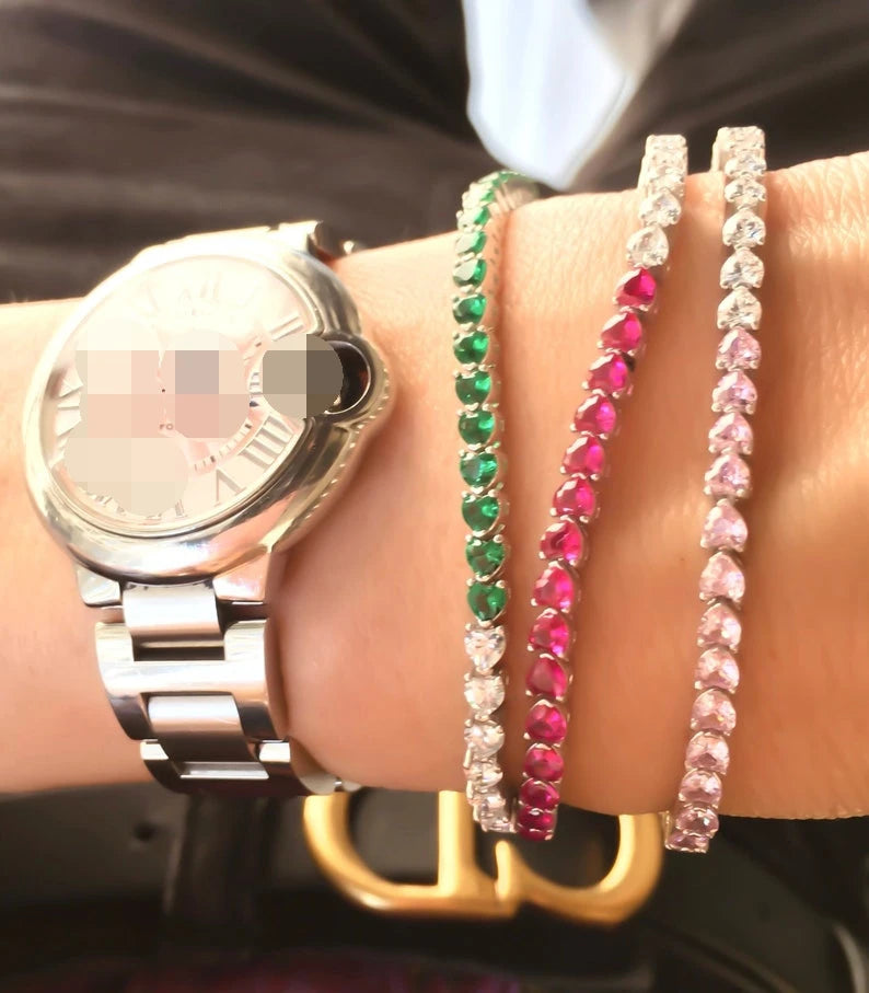 Iced Out Bling White Pink Heart Cubic Zirconia CZ Tennis Chain Bracelet 17cm 19cm 21cm Iced Out Bling Girlfriend Gift Jewelry