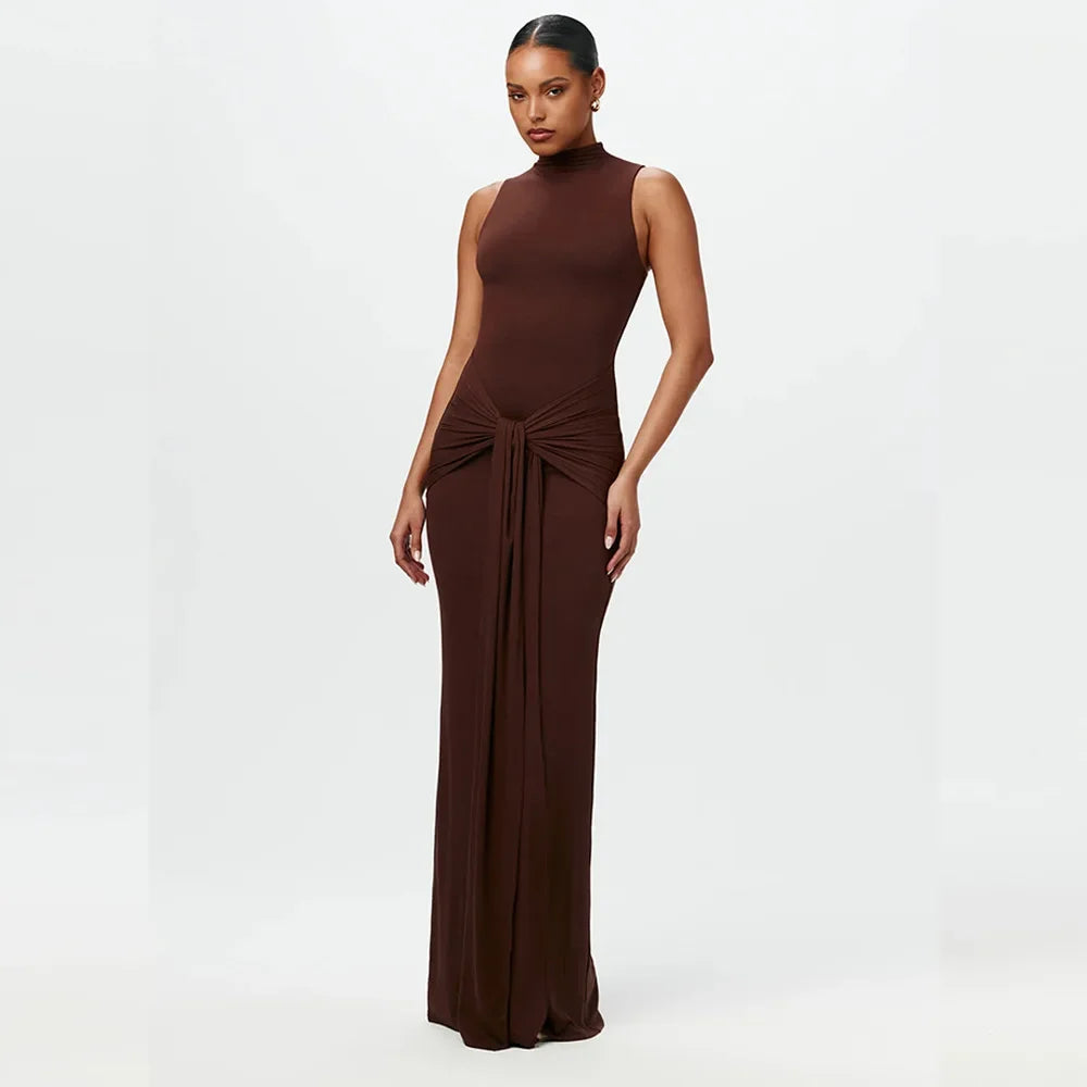 Slim Fit Wrap around Midriff Baring Sleeveless round Neck Dress for Women in Autumn And Winter Pure Color with Belt Detail