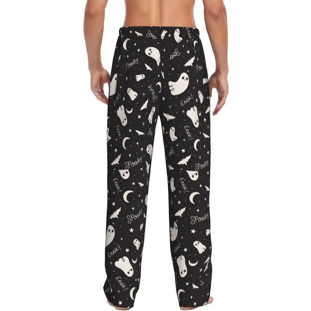 Custom Cute Spooky Halloween Bats Black And Purple Pajama Pants for Men Lounge Sleep Drawstring Sleepwear Bottoms with Pockets