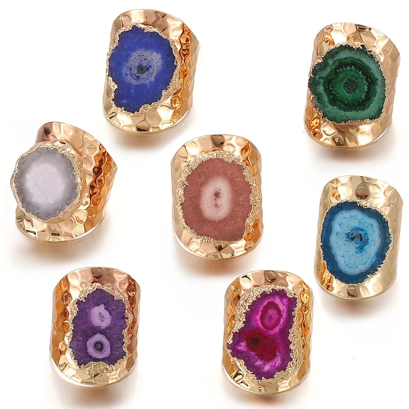Boho Irregular Natural Stone Agate Slices Sunflower Wide Open Ring for Women Gold Plated Resizable Finger Jewelry