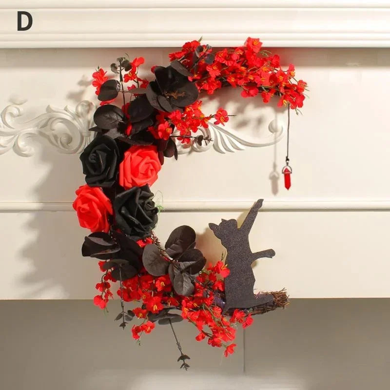 Halloween Moon Cat Garland with Rose Black Decorations Halloween Garland Halloween Wreath for Front Door Halloween Door Decor