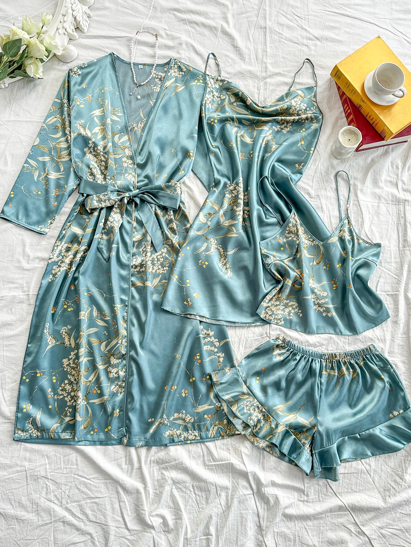 Summer irregular cherry print comfortable bathrobe and halter shorts sexy women's pajama four-piece set