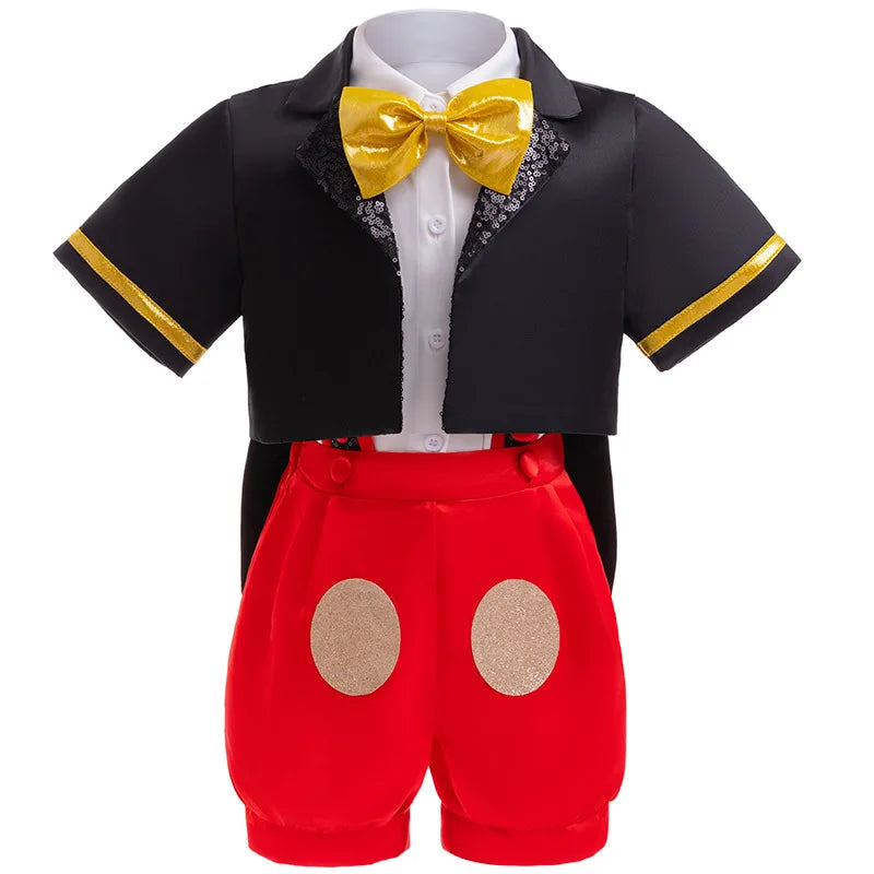 Kids Boys Cartoon Mouse Cosplay Costume Bow Tie Top+Coat+Suspender Shorts+Headband Clothing Sets For Halloween Christmas