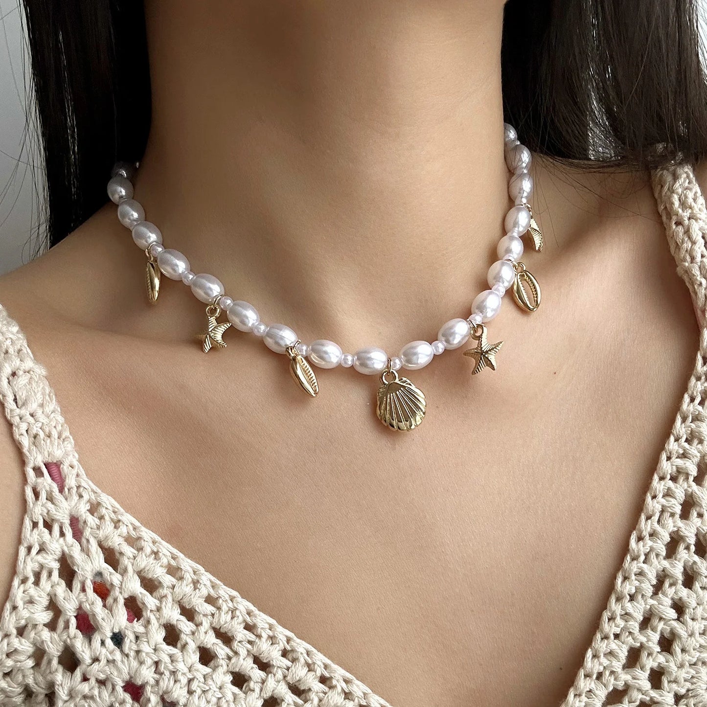 Boho Shell Turquoise Multi-layer Starfish Beaded Necklace for Women Beach Holiday Jewelry Minimalist Accessories