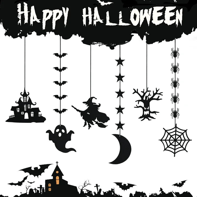 6pcs Halloween Hanging Banner Garland Scary Spider Witch Ghost Bat Pendant Ornament Happy Halloween Party Decorations for Home