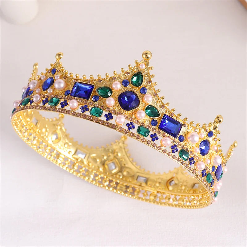 Vintage Baroque Tiara Crown Bride Crystal Queen King Crown Wedding Hair Jewelry Accessories Women Men Pageant Prom Headpiece