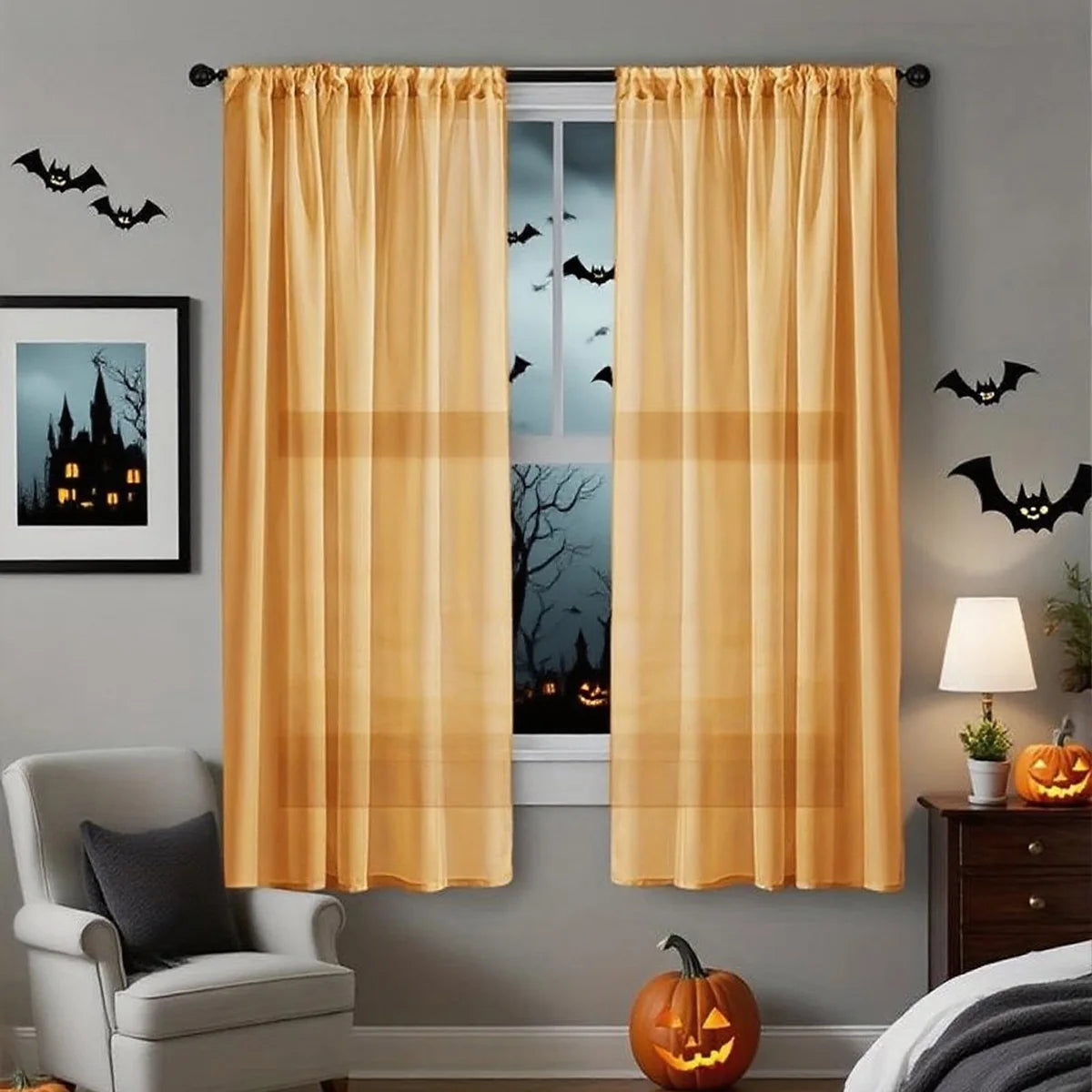 Halloween Ghost Day Holiday Celebration Decoration Orange Black Gauze Threaded Bar Curtain Sheet for Living Room Bedroom Window
