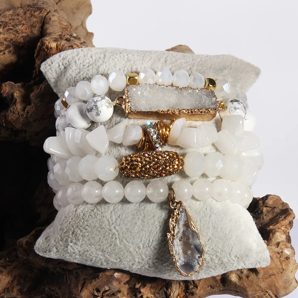 Fashion Designer Gemstone Crystal Glass Beaded Bracelet Sets Druzy Charm 5pc Stack Bracelet Bracelets Set For Women Jewelry Gift