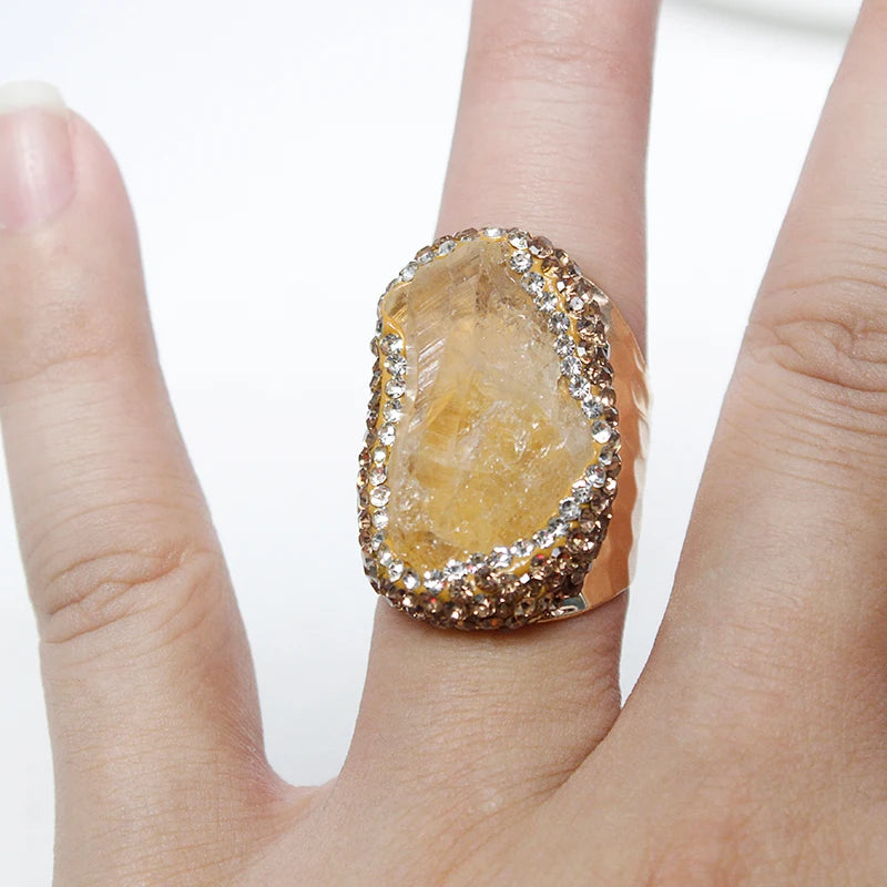 Irregular Citrine Open Ring for Women Micro Inlay Adjustable Reiki Natural Stone Finger Jewelry