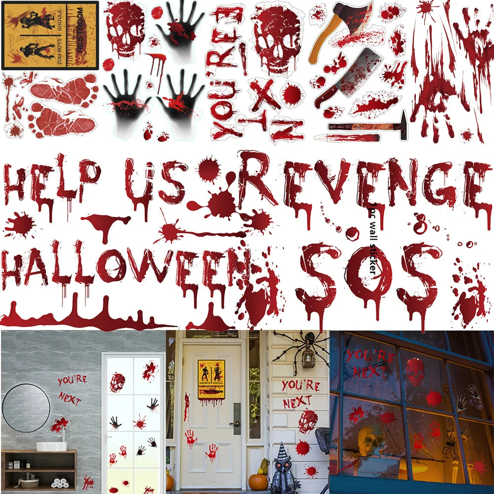 Halloween Window Bathroom Decor Horror Bloodstain Wall Sticker Bloody Handprint and Footprint Wall Decal Haunted House Decor