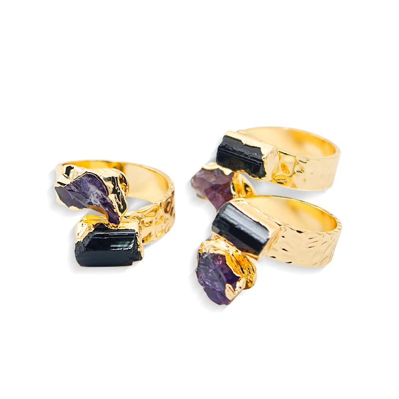 Amethyst with Black Tourmaline Open Ring for Women Girls Gold-color Irregular Rough Stone Finger Jewelry Resizable