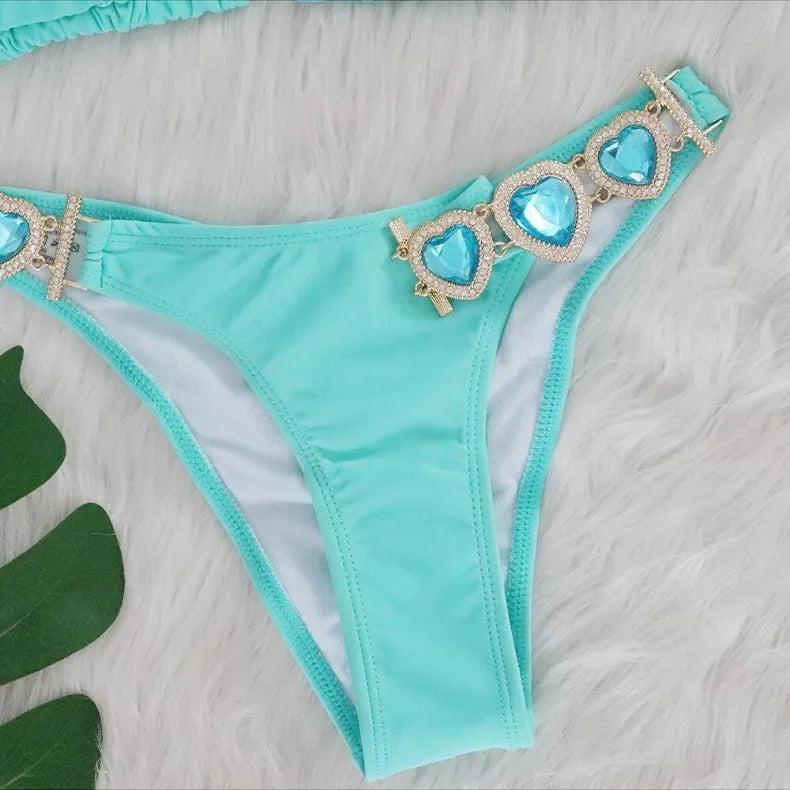 4 Colors New Sexy Bikini Women Luxury Heart-shaped Crystal Diamond Chain Solid Swimwear Swimsuit Female Bikinis Set Bathing Suit